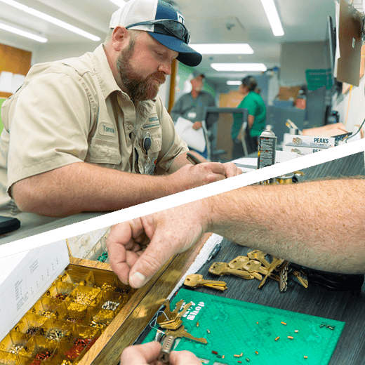 Tommie Sherwood re-pins a key cylinder.